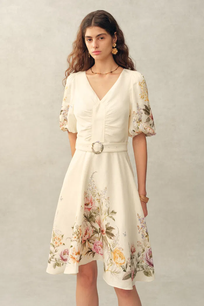 Eve Handpainted Floral Belted Puff Sleeves Dress in Silk Linen Blend - Image 3