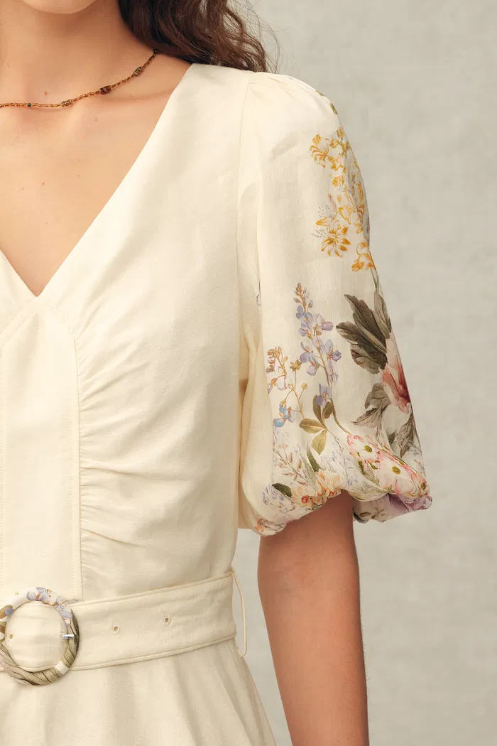 Eve Handpainted Floral Belted Puff Sleeves Dress in Silk Linen Blend - Image 4
