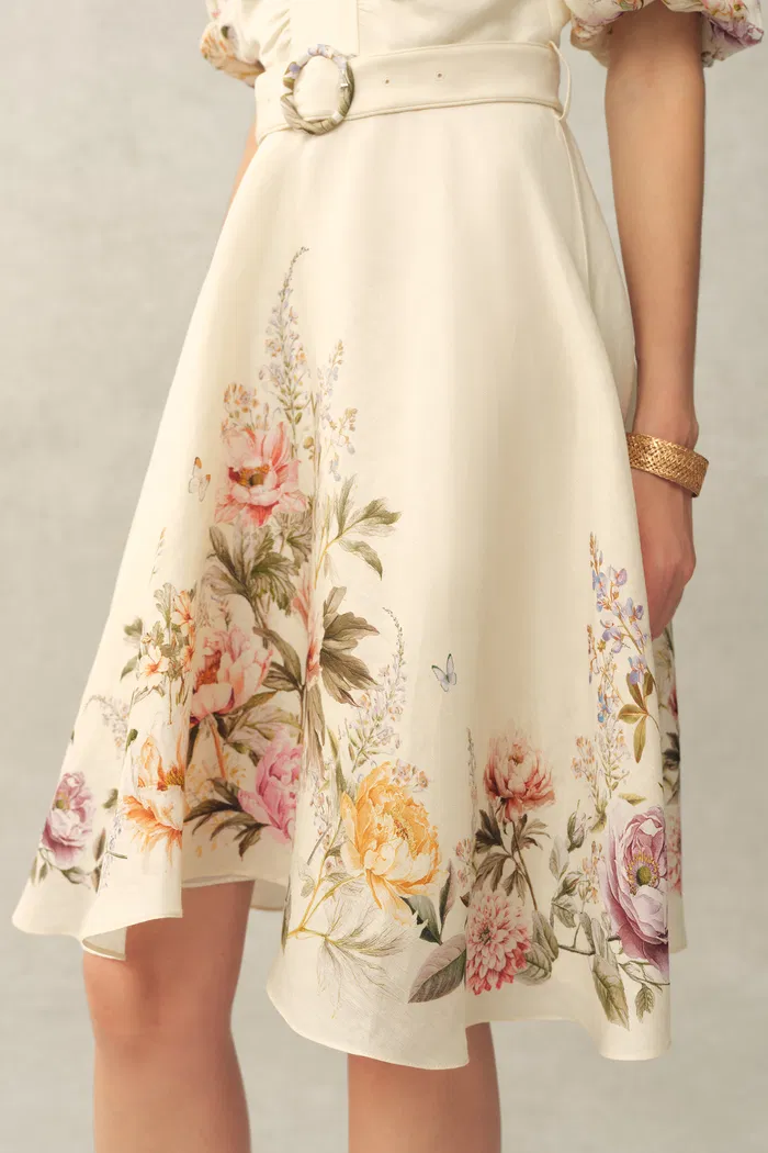 Eve Handpainted Floral Belted Puff Sleeves Dress in Silk Linen Blend - Image 5