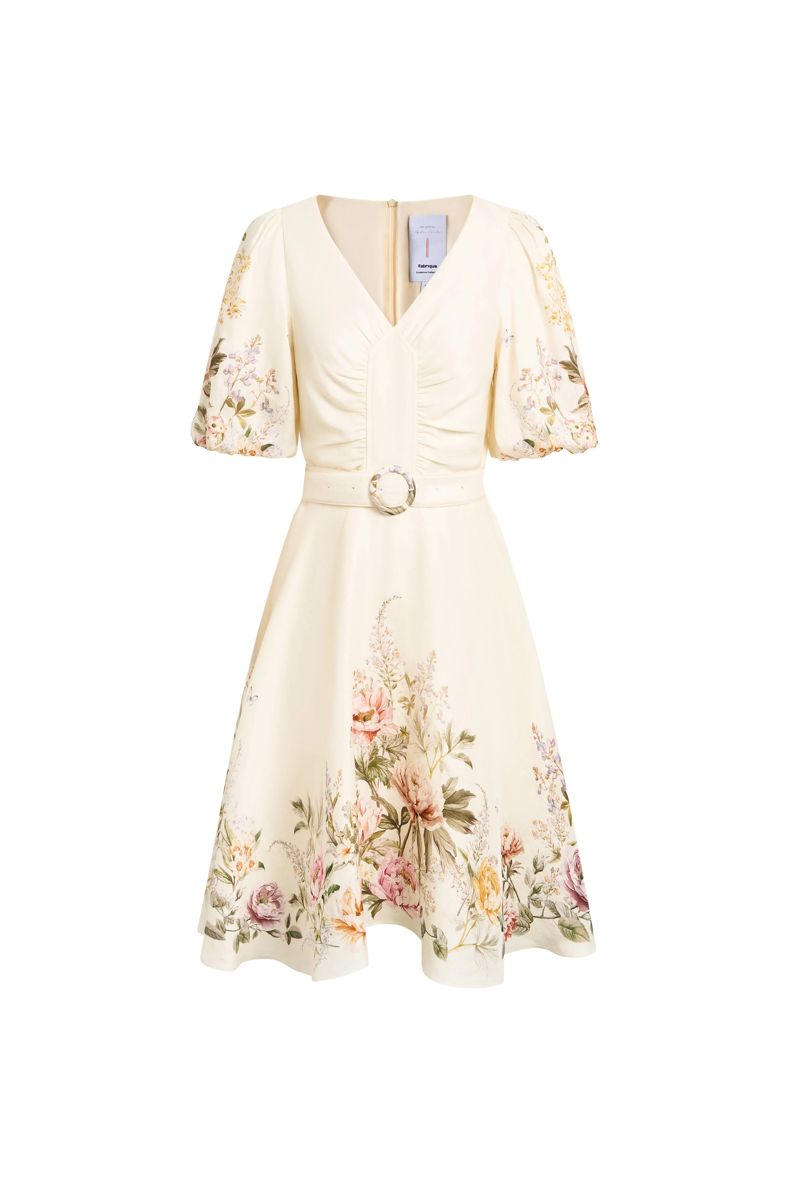 Eve Handpainted Floral Belted Puff Sleeves Dress in Silk Linen Blend - Image 6