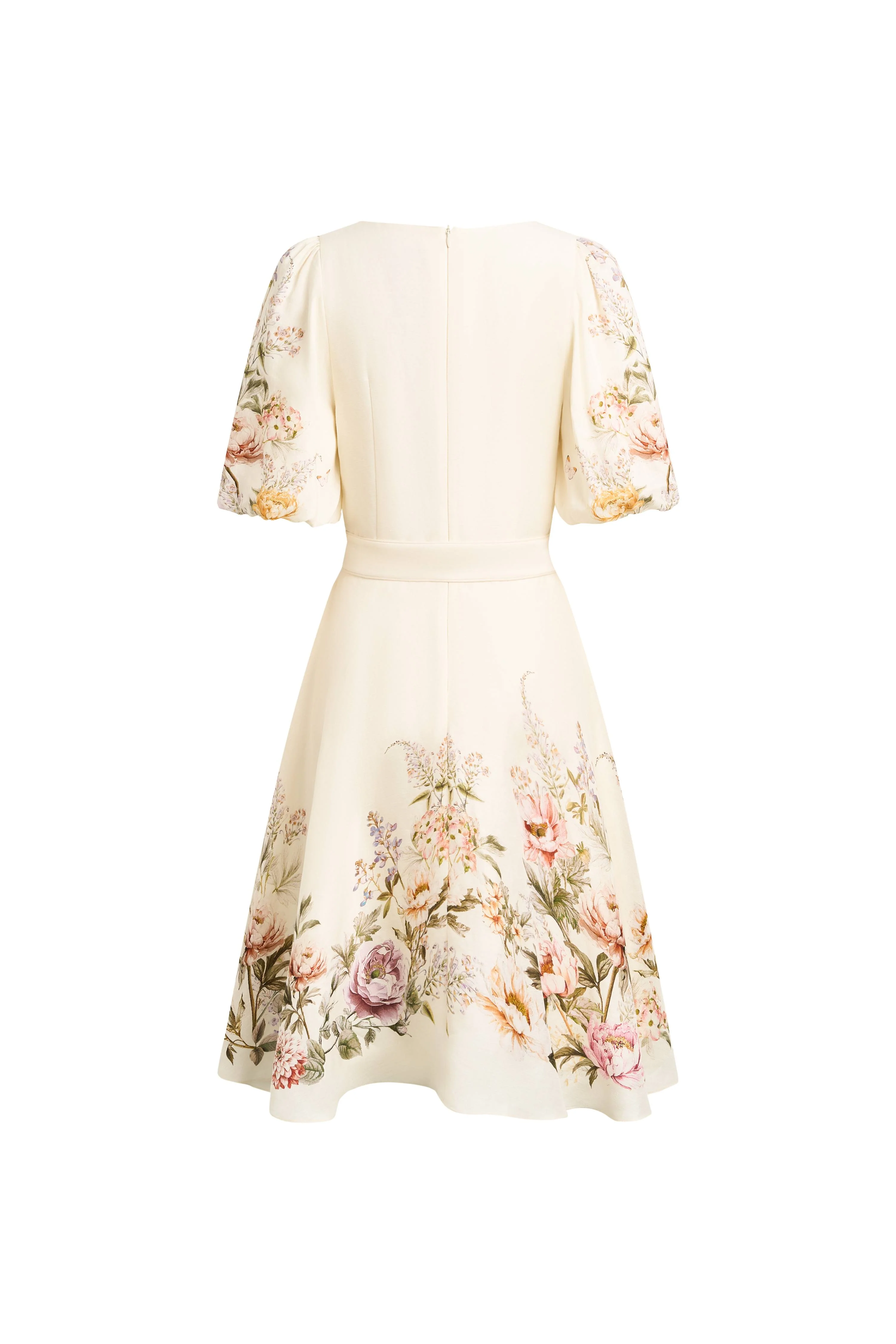 Eve Handpainted Floral Belted Puff Sleeves Dress in Silk Linen Blend - Image 7