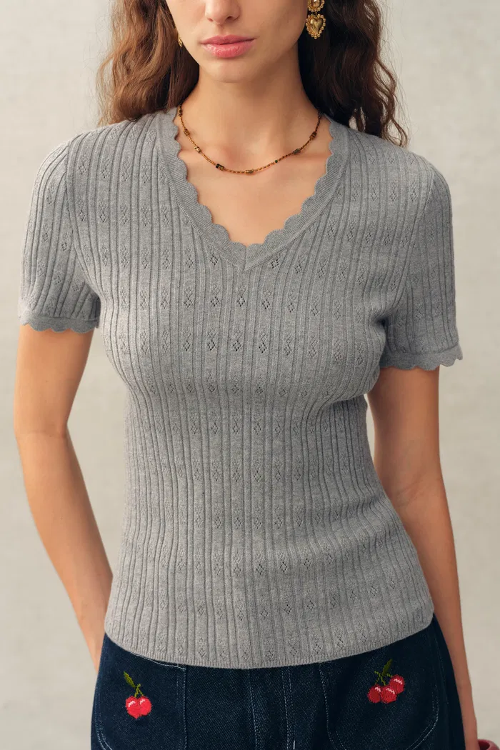 Evie V Neck Pointelle Short Sleeve Top in Cotton Knit - Image 4