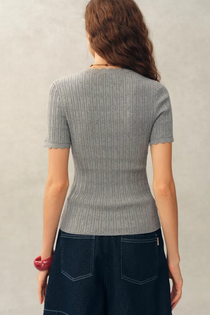 Evie V Neck Pointelle Short Sleeve Top in Cotton Knit - Image 5