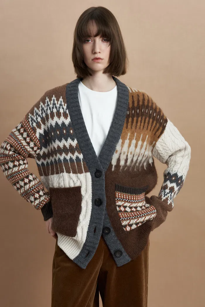 Faye Fair Isle Mixed Yarn Cardigan in Chunky Merino Wool Knit - Image 2