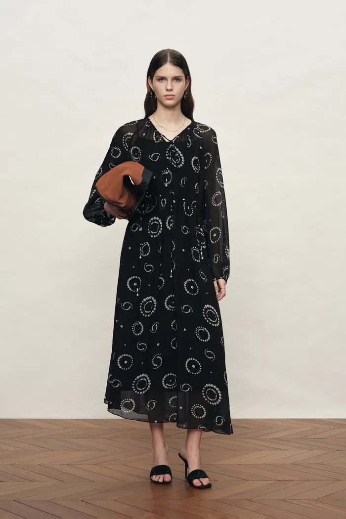 Fideli Hand Painted Drawstring Faux Pearl Dress in Silk Blend Chiffon