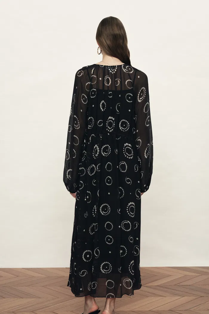 Fideli Hand Painted Drawstring Faux Pearl Dress in Silk Blend Chiffon - Image 2