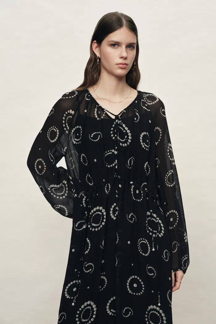 Fideli Hand Painted Drawstring Faux Pearl Dress in Silk Blend Chiffon - Image 3