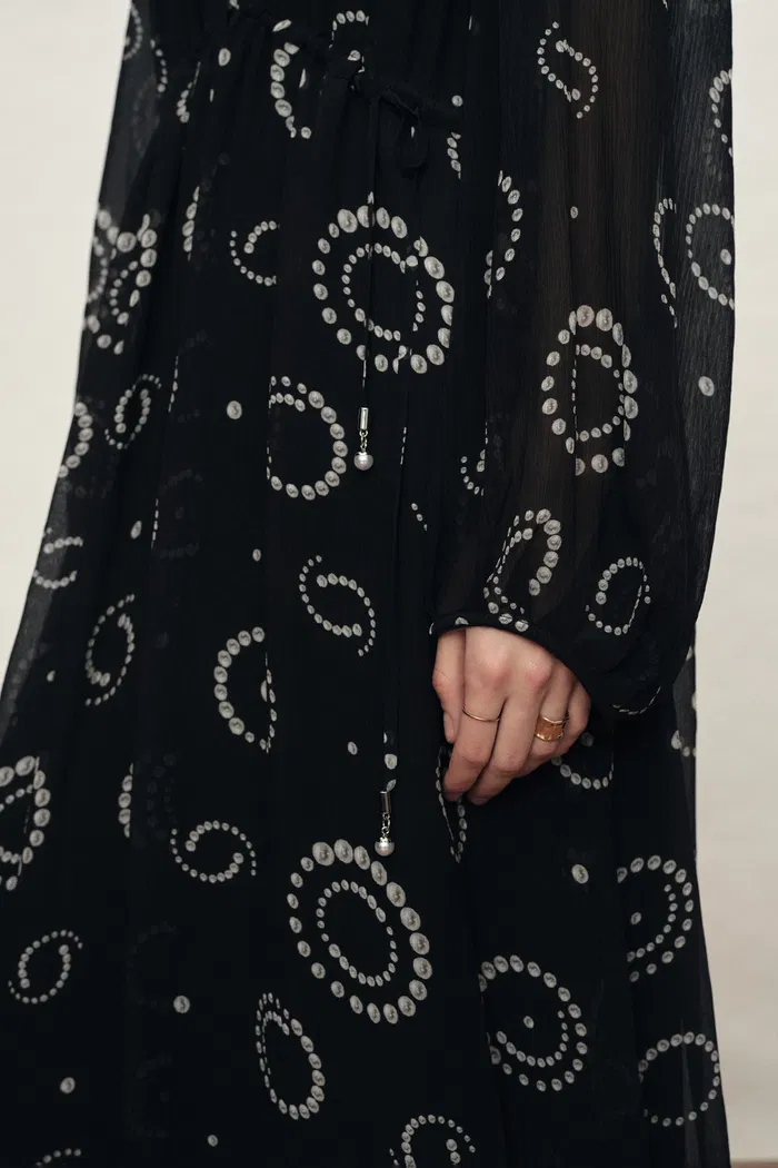 Fideli Hand Painted Drawstring Faux Pearl Dress in Silk Blend Chiffon - Image 4
