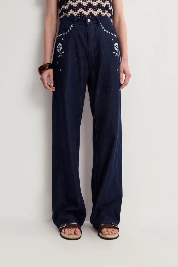 Fiona Floral Embroidered Straight Leg Jeans in Raw Denim - Image 4