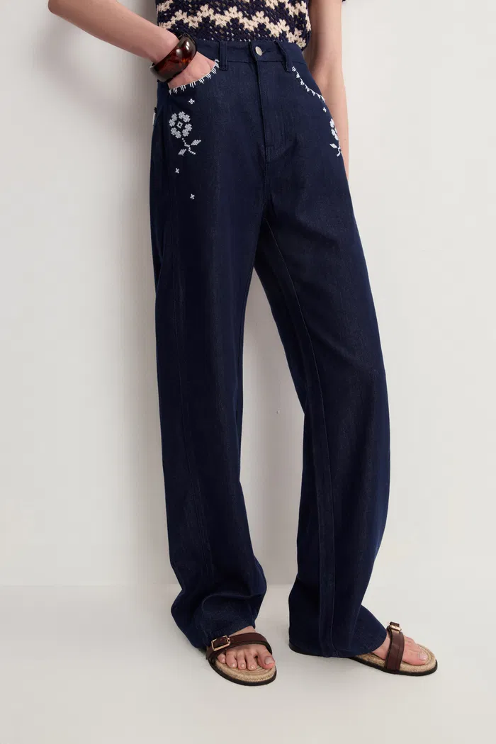 Fiona Floral Embroidered Straight Leg Jeans in Raw Denim - Image 5