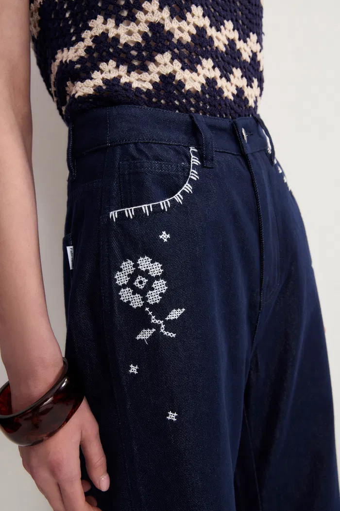 Fiona Floral Embroidered Straight Leg Jeans in Raw Denim - Image 7