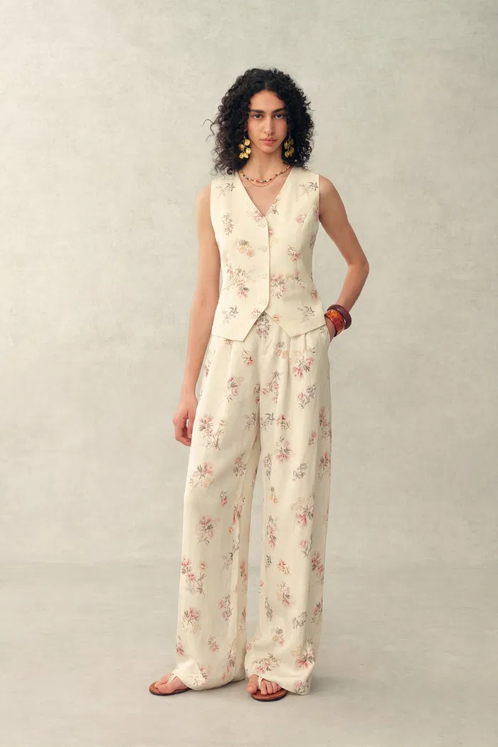 Flora Floral Sleeveless Vest Top and Pants Set in Linen Blend Suiting - Image 3