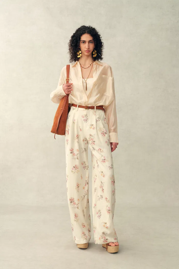 Flora Floral Wide Leg Pants in Linen Blend Suiting - Image 3
