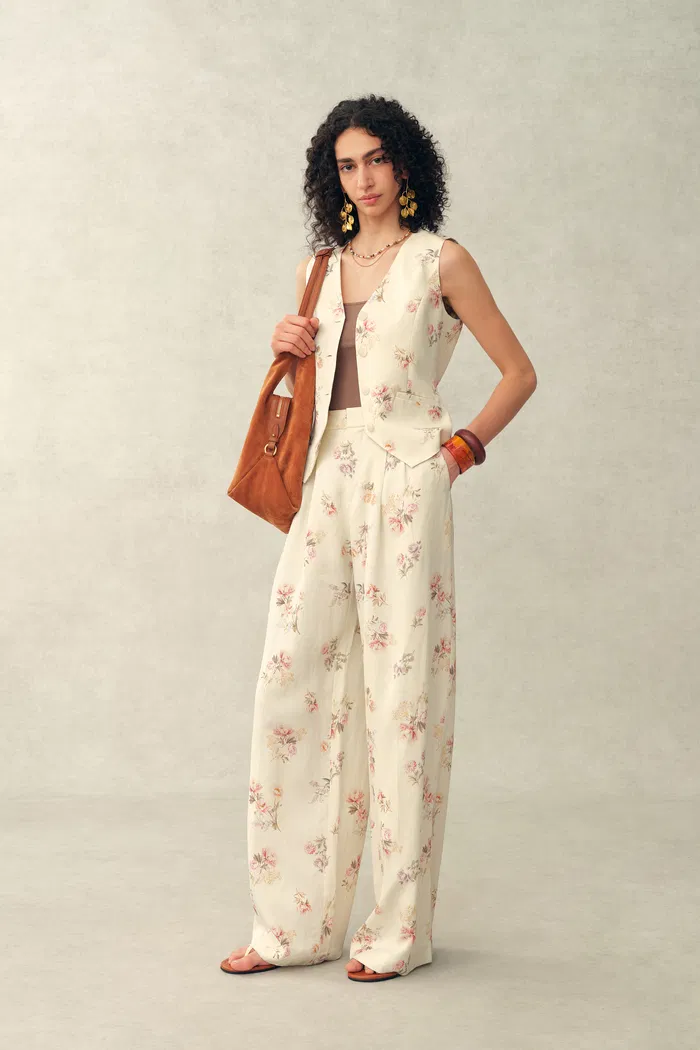 Flora Floral Wide Leg Pants in Linen Blend Suiting - Image 4
