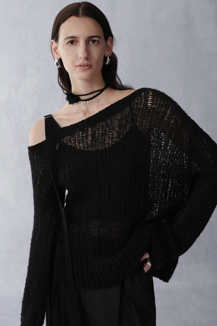 Flore Cold Shoulder Distressed Long Sleeve Top in Merino Alpaca Knit - Image 2