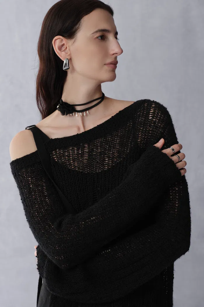 Flore Cold Shoulder Distressed Long Sleeve Top in Merino Alpaca Knit - Image 4