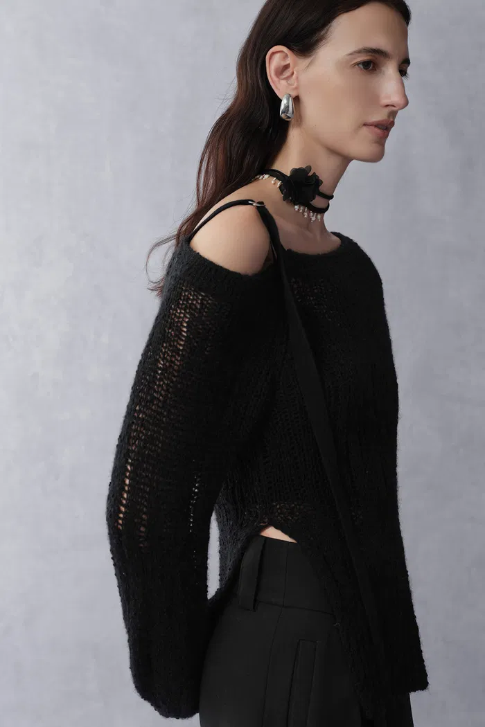 Flore Cold Shoulder Distressed Long Sleeve Top in Merino Alpaca Knit - Image 5