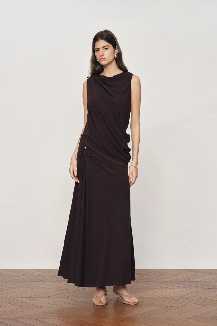 Florence Asymmetric Draped Sleeveless Top and Maxi Skirt Set in Cotton Modal Knit