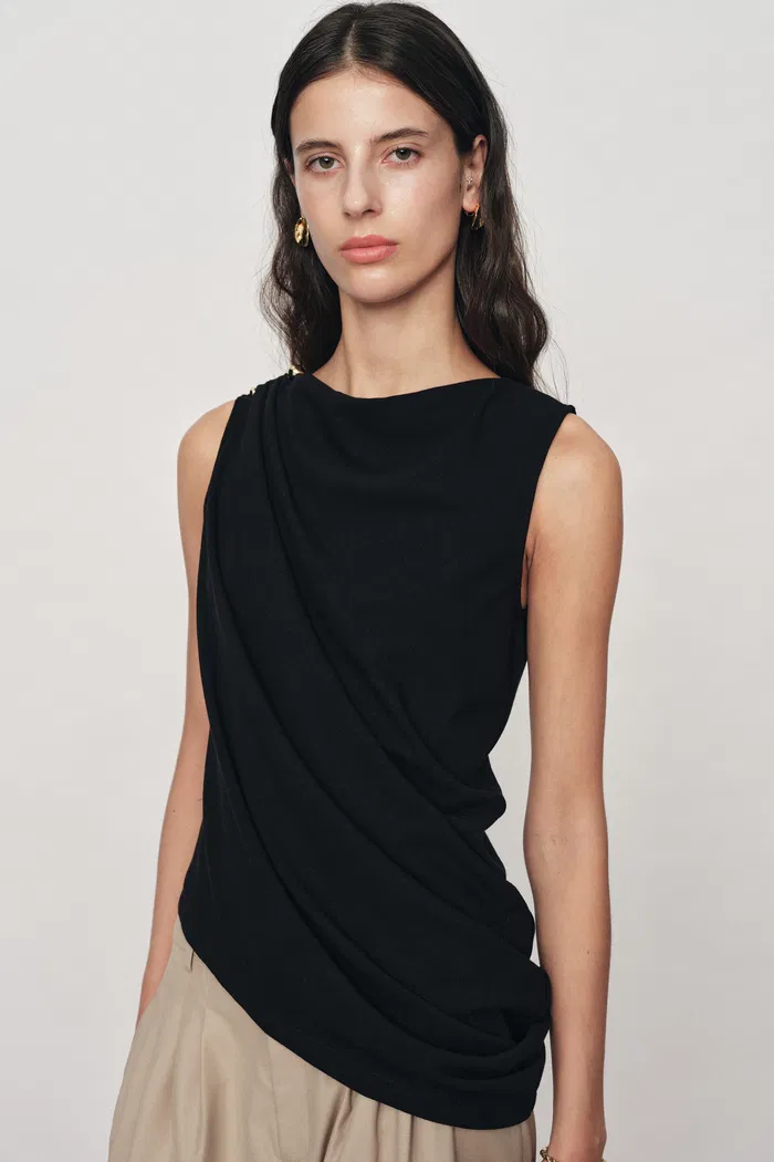 Florence  Asymmetrical Draped Sleeveless Top and Skirt Set in Cotton-Modal Blend Knit - Image 5