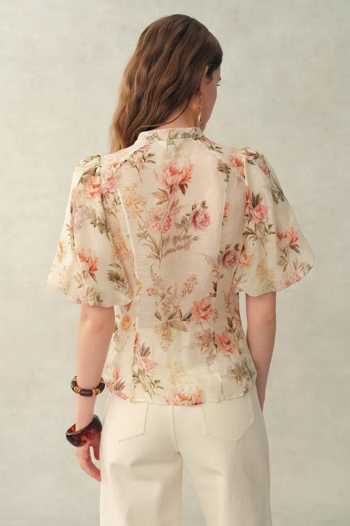 Floris Floral Print Sheer Lace Top in Silk Linen Blend - Image 4
