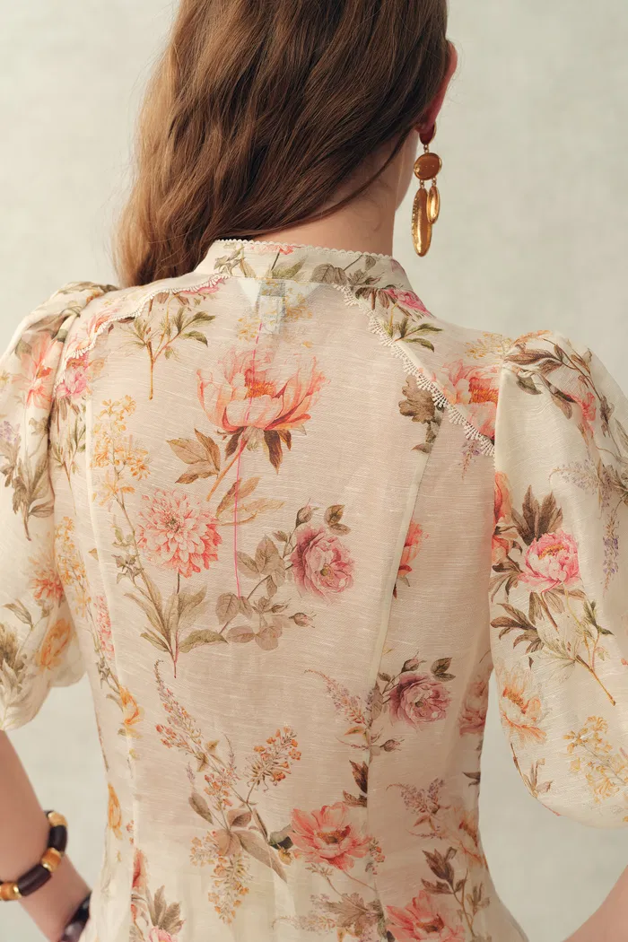 Floris Floral Print Sheer Lace Top in Silk Linen Blend - Image 6