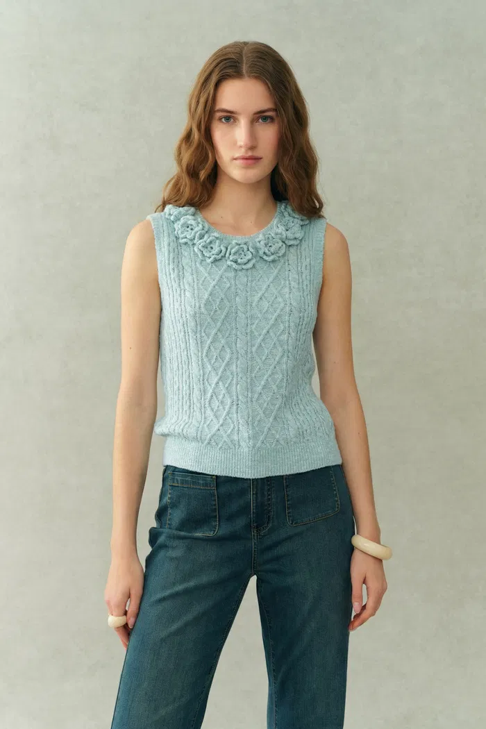 Freya Hand Crocheted Flowers Sleeveless Vest Top in Cotton Cable Knit - Image 2