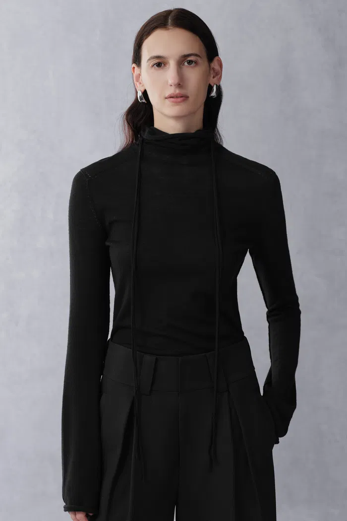 Galatee Drawstring Gathered Collar Sweater in Merino Wool - Image 2