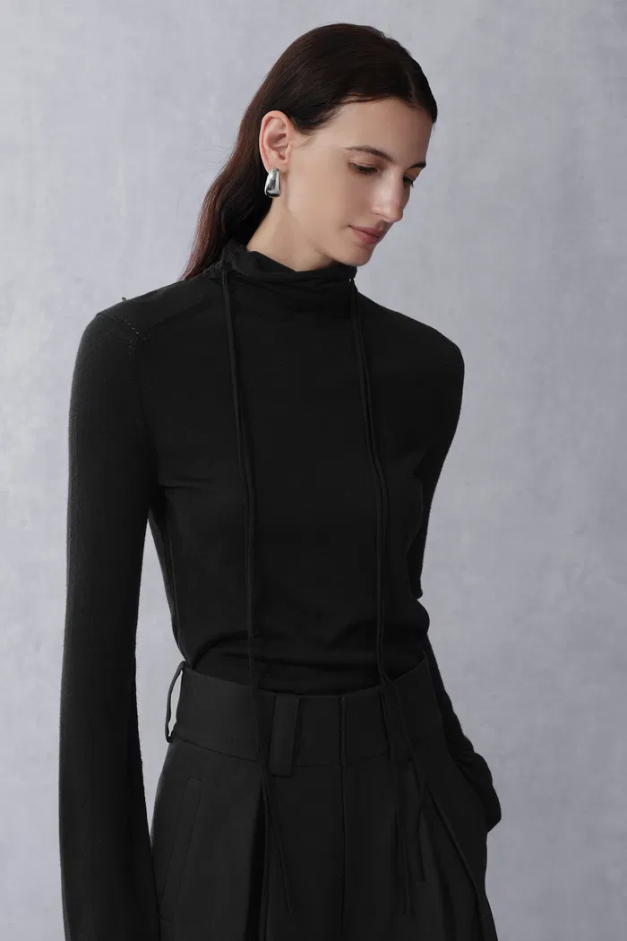 Galatee Drawstring Gathered Collar Sweater in Merino Wool - Image 4