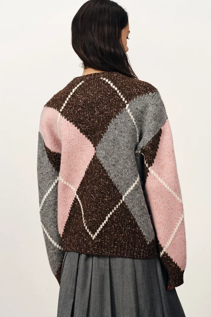 Ganache Contrast Check Cardigan in Coarse-Spun Merino Wool Knit - Image 6