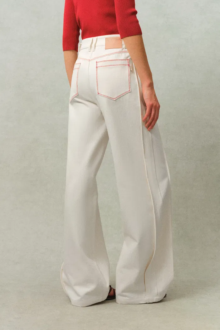 Genevieve Color Blocked White Jeans in Cotton Denim - Image 3