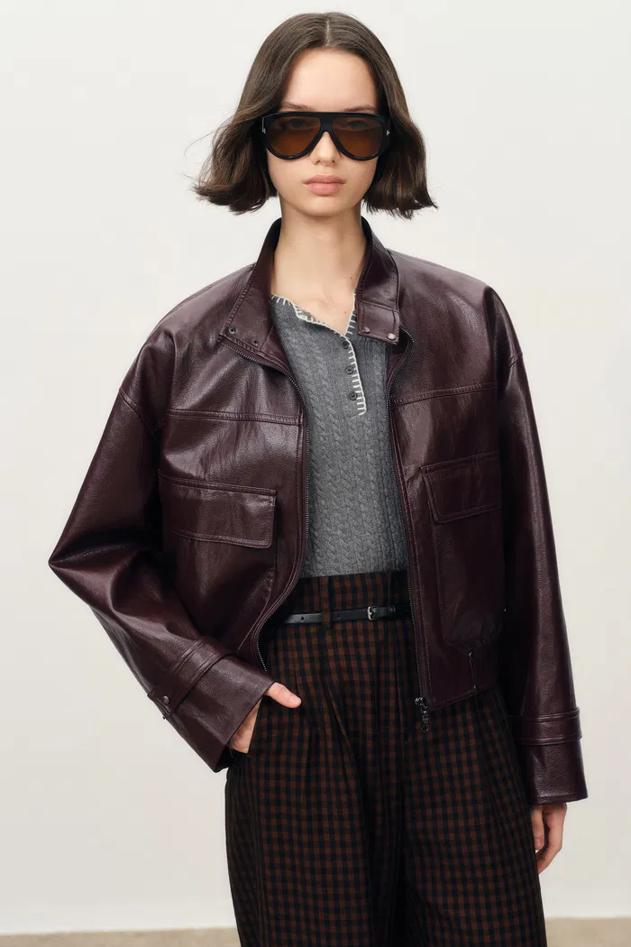 Gia Trench Style Collar Short Jacket in Faux Leather - Image 5