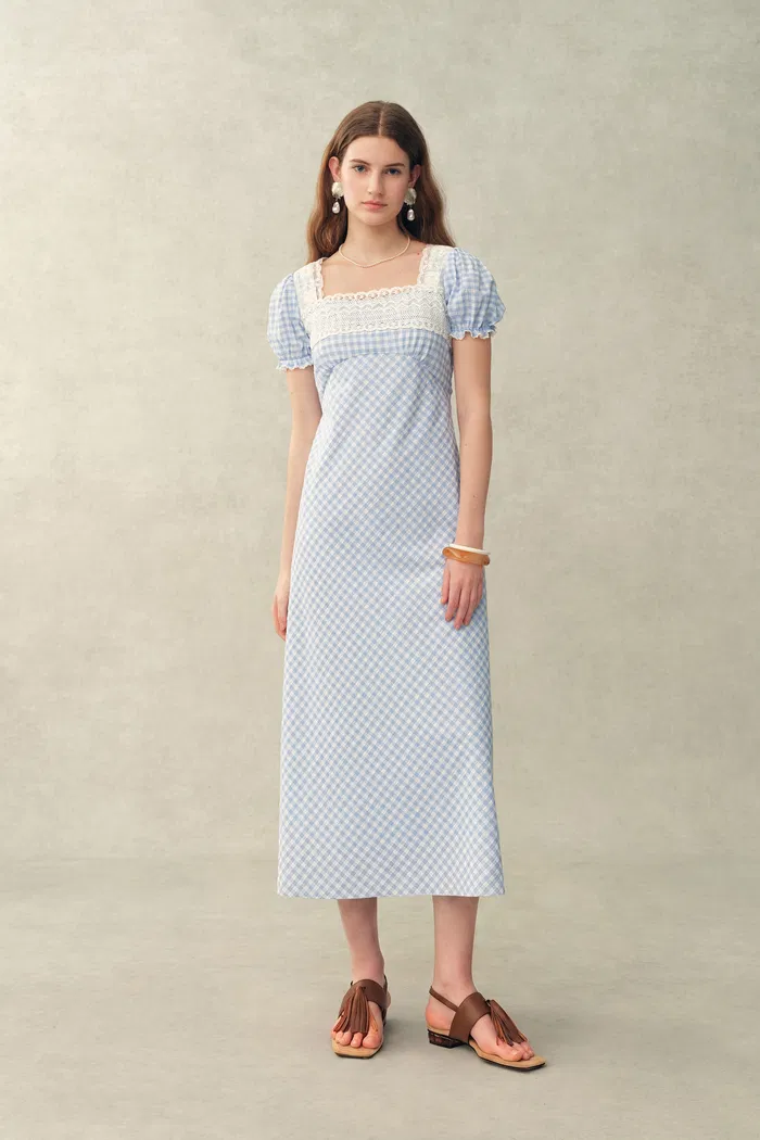 Gisele Lace Panel Checkered Square Neck Puff Sleeve Dress in Cotton