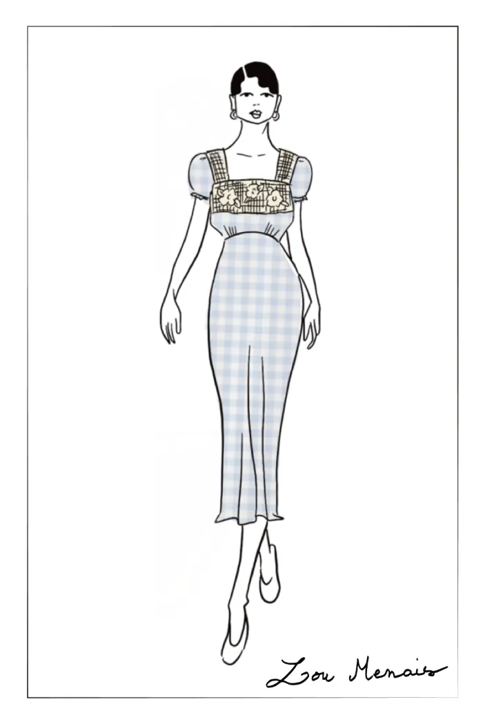 Gisele Lace Panel Checkered Square Neck Puff Sleeve Dress in Cotton - Image 6