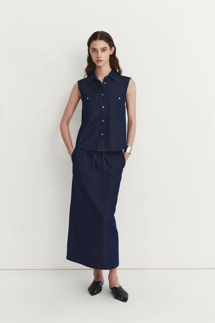 Giulia Lightweight Sleeveless Top and Midi Skirt in Linen-Cotton Denim - Image 3