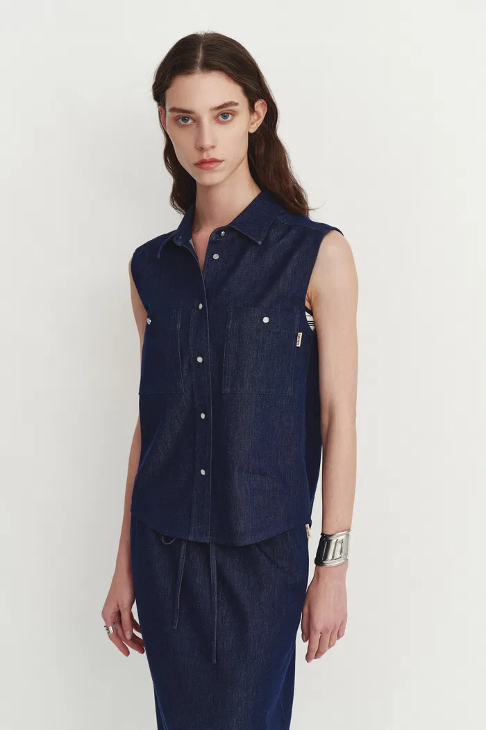 Giulia Lightweight Sleeveless Top and Midi Skirt in Linen-Cotton Denim - Image 4