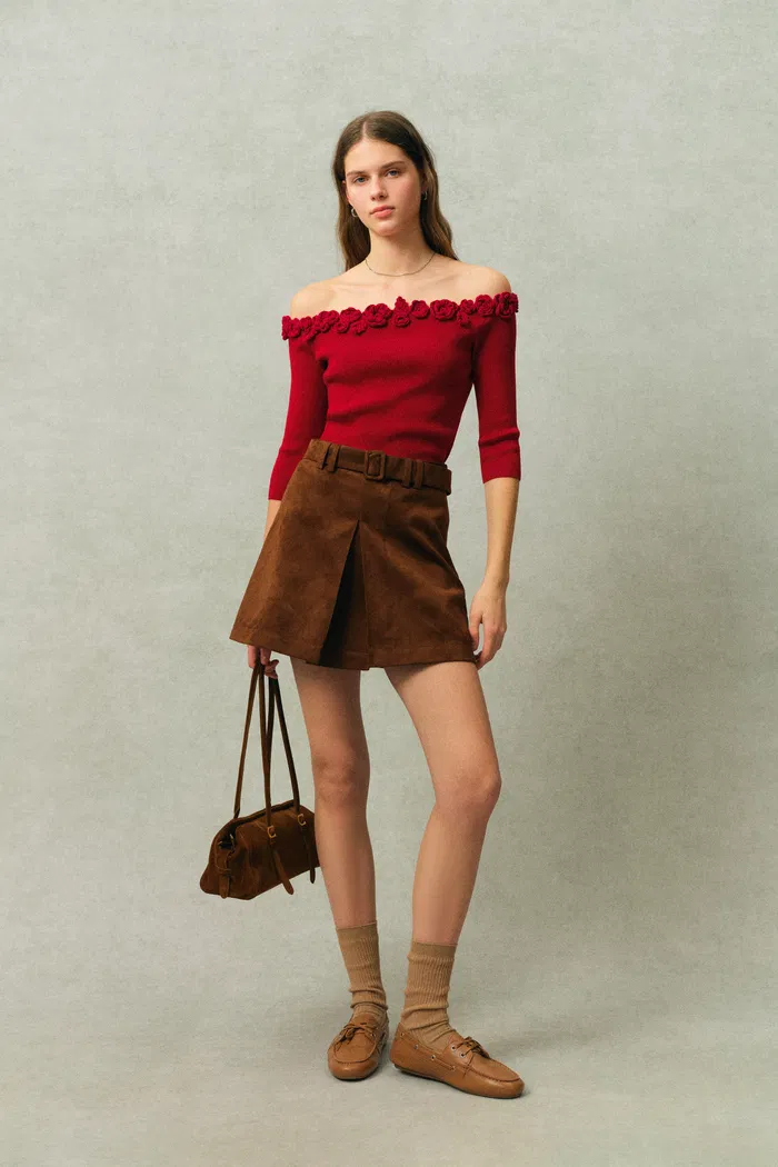 Giulietta 3D Floral One Shoulder Short Sleeve Knit Top in Triacetate - Image 3