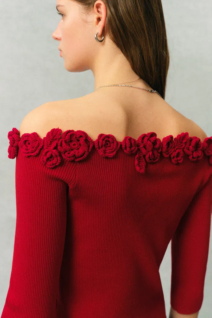 Giulietta 3D Floral One Shoulder Short Sleeve Knit Top in Triacetate - Image 5