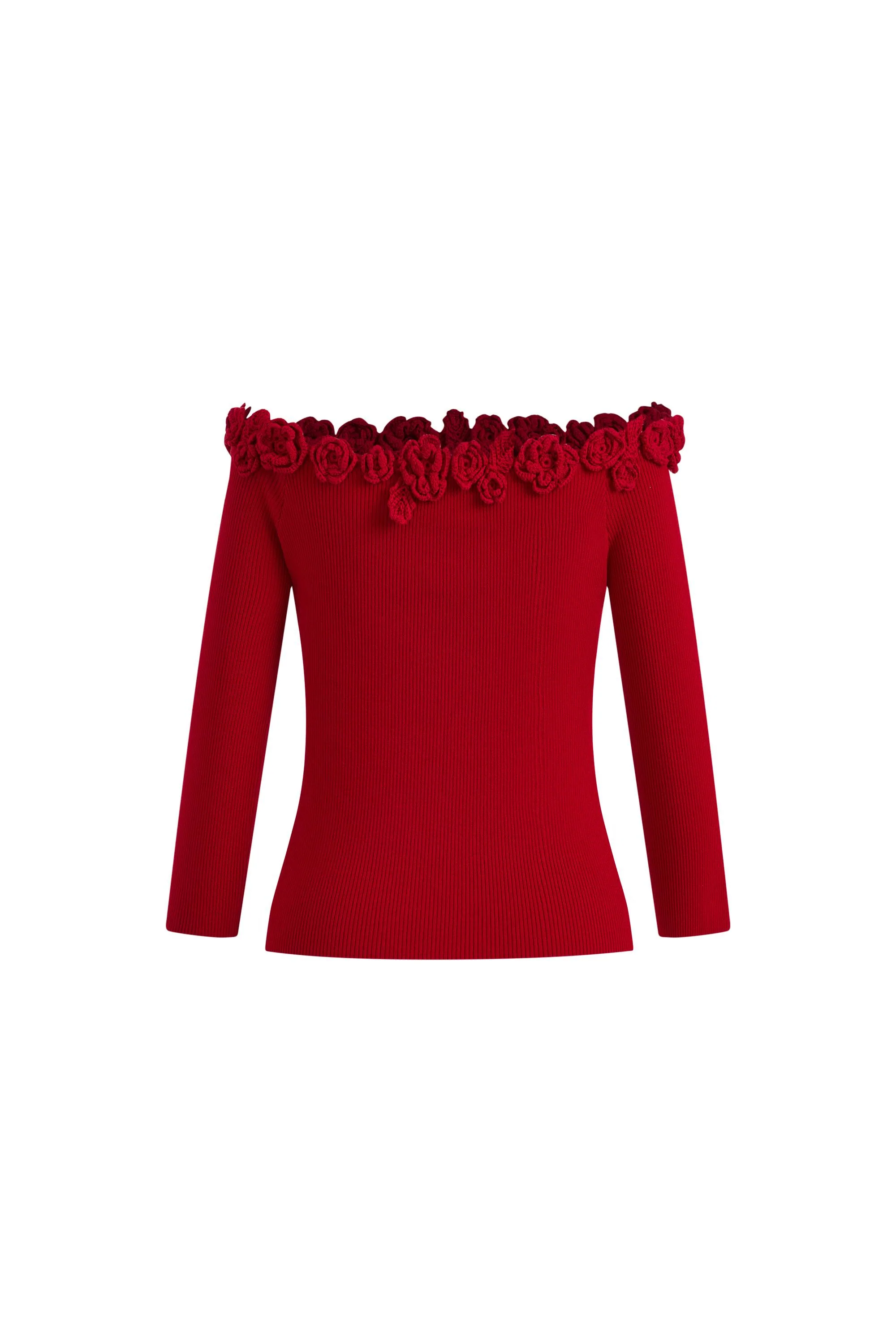 Giulietta 3D Floral One Shoulder Short Sleeve Knit Top in Triacetate - Image 7