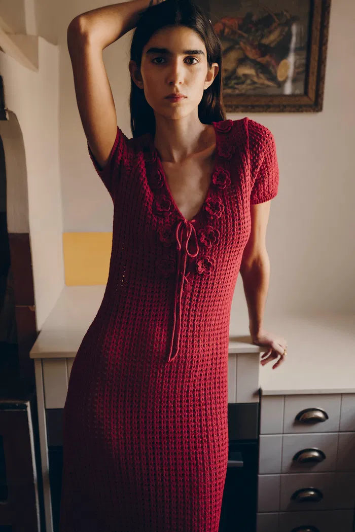 Golf Floral Crocheted Knit Dress in Hemp Cotton Knit - Image 2