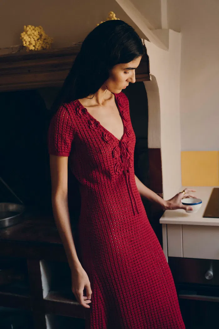 Golf Floral Crocheted Knit Dress in Hemp Cotton Knit - Image 4