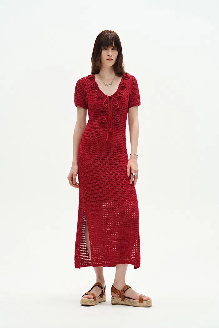 Golf Floral Crocheted Knit Dress in Hemp Cotton Knit - Image 7
