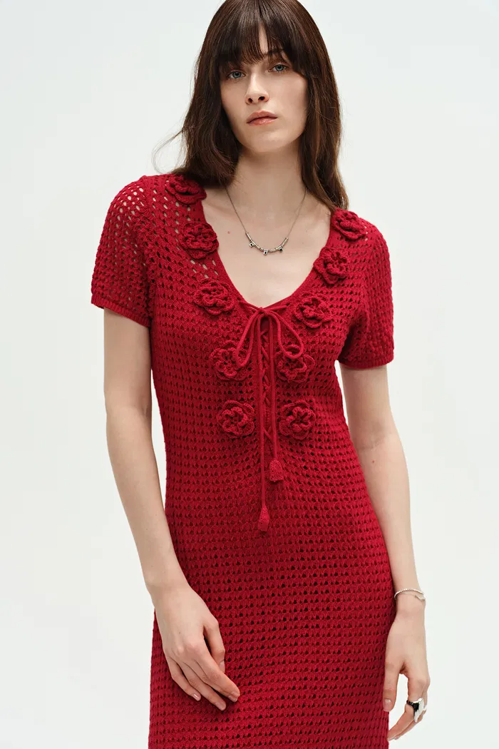 Golf Floral Crocheted Knit Dress in Hemp Cotton Knit - Image 9