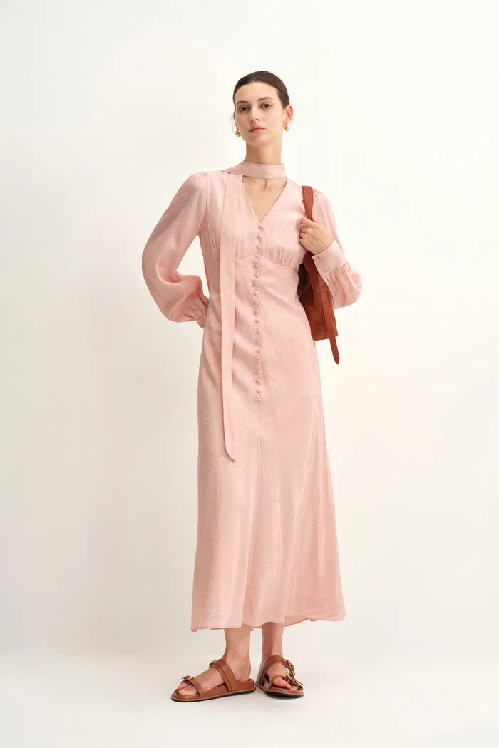Grace Pink Dress in Polka Dot Jacquard - Image 3