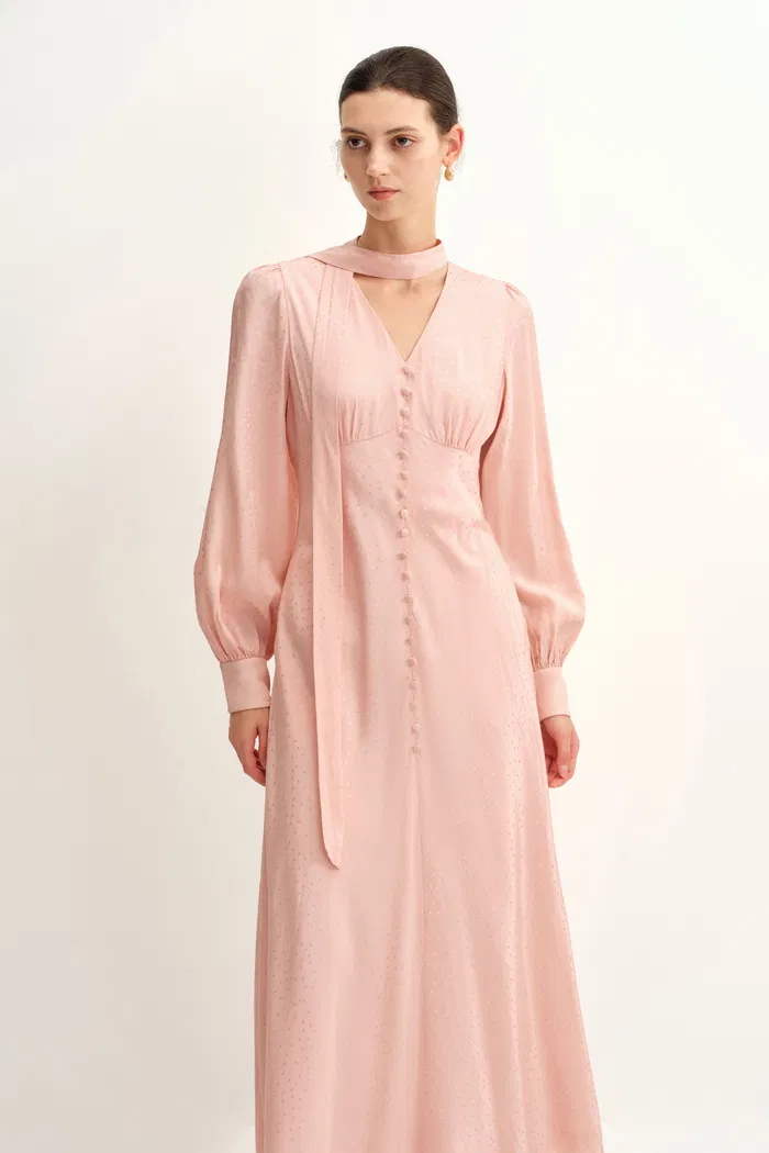 Grace Pink Dress in Polka Dot Jacquard - Image 4