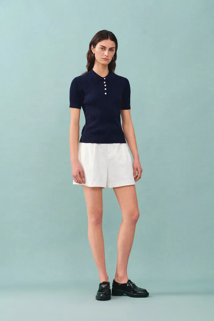 Gracia Blue Polo Top in High Stretch Cable Knit - Image 3