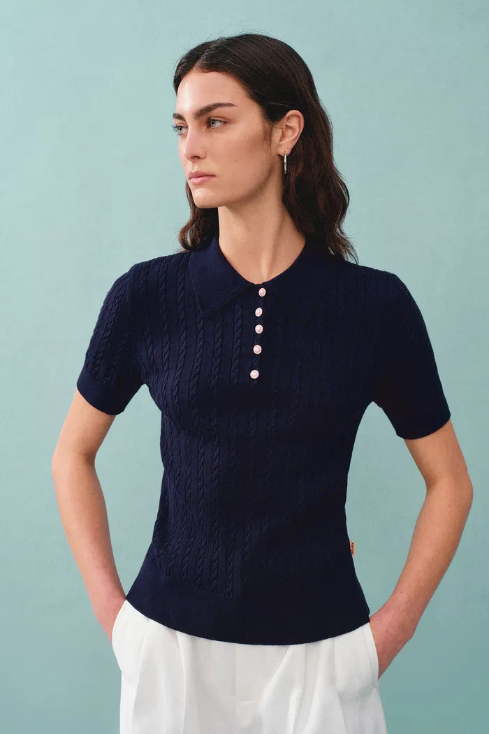 Gracia Blue Polo Top in High Stretch Cable Knit - Image 4