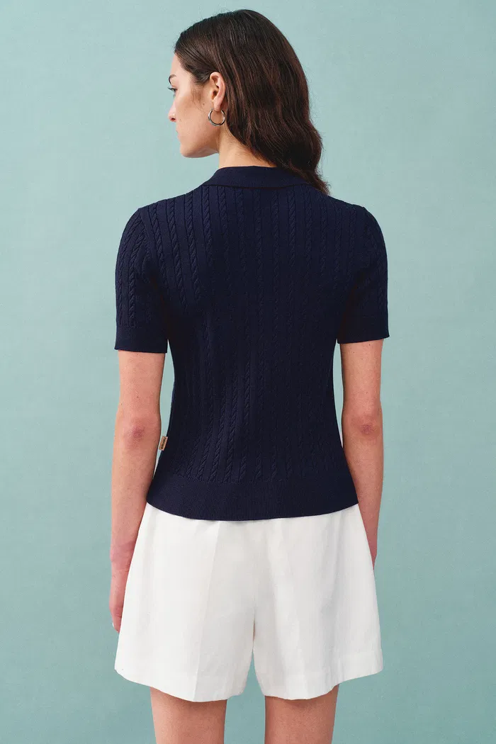 Gracia Blue Polo Top in High Stretch Cable Knit - Image 5