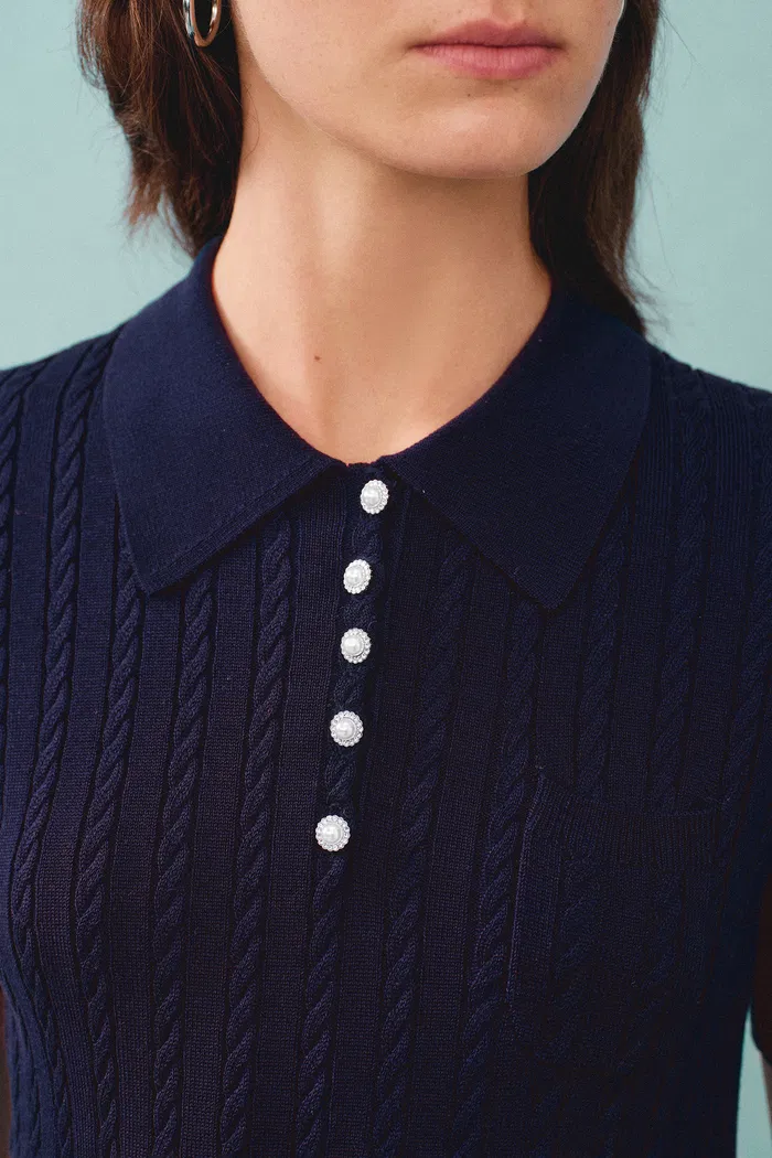 Gracia Blue Polo Top in High Stretch Cable Knit - Image 6