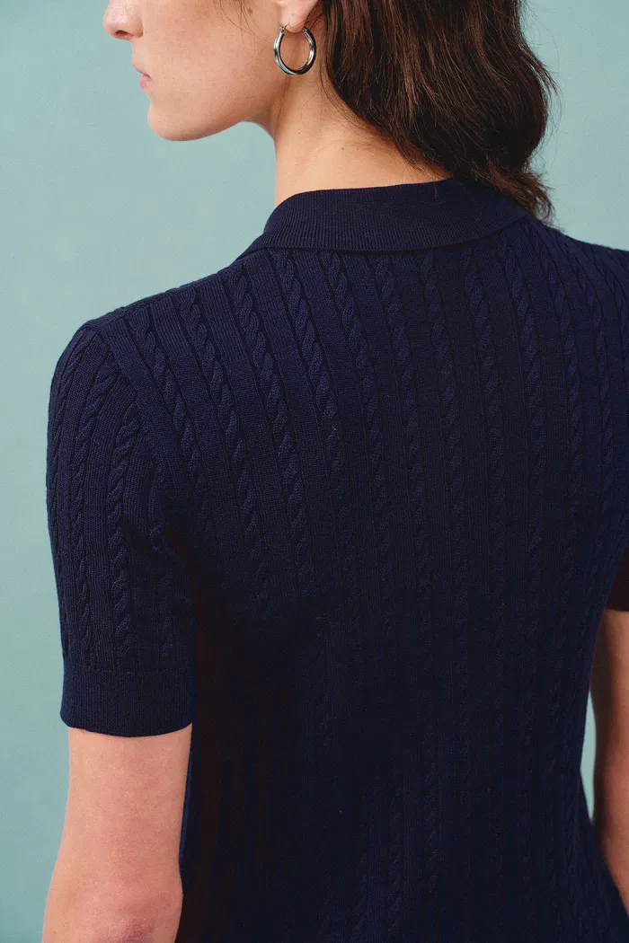 Gracia Blue Polo Top in High Stretch Cable Knit - Image 8