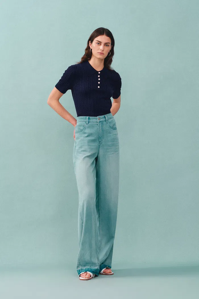 Gracia Blue Polo Top in High Stretch Cable Knit - Image 9